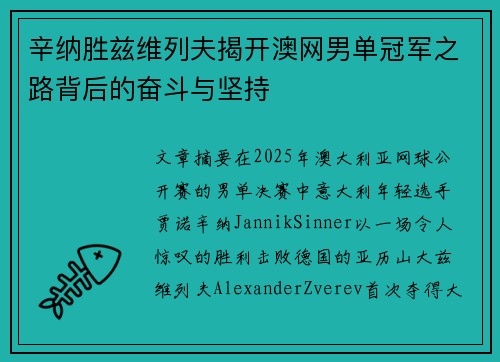 辛纳胜兹维列夫揭开澳网男单冠军之路背后的奋斗与坚持